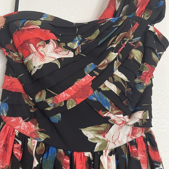 Unique Vintage Black Floral Roses One Shoulder Pinup Retro Dress Size Small - Picture 3 of 8